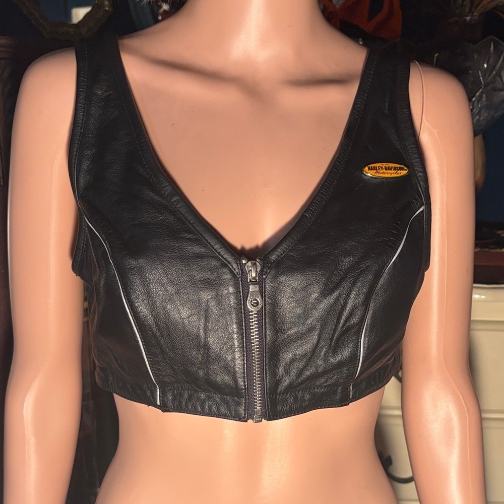 Vintage Harley-Davidson Black Leather Sports Bra Crop Top Biker Chic 34/6 Sm/Med